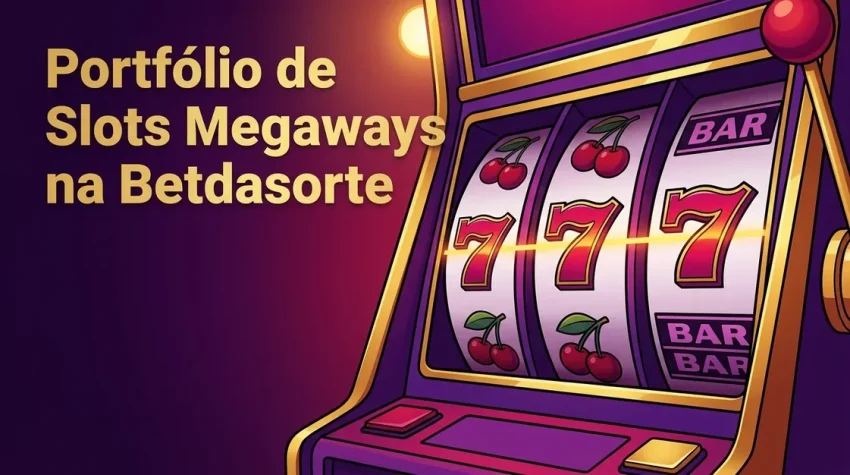Uma tela de slot Megaways colorida com símbolos vencedores, destacando o portfólio da Betdasorte.